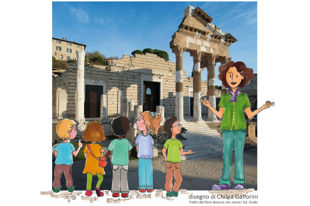 Il Capitolium di Brescia con disegno di bambini in visita