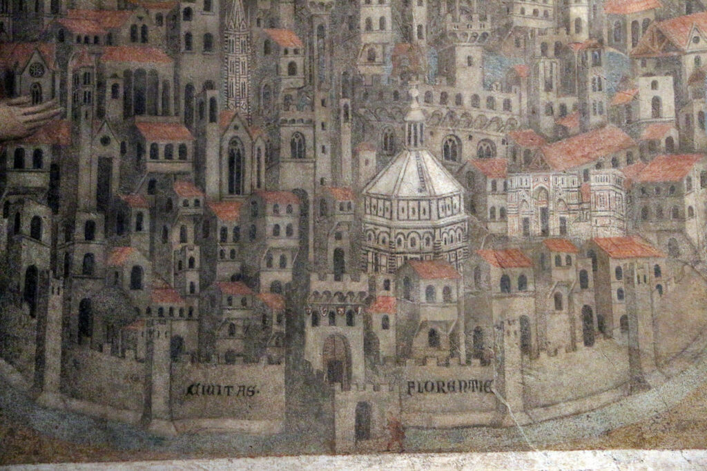 Particolare dell'affresco della Loggia del Bigallo con la veduta più antica di Firenze