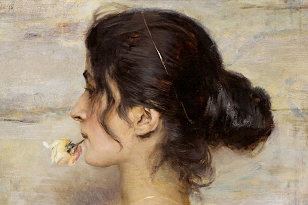 Dipinto con ritratto con la rosa tra le labbra del 1895 di Ettore Tito