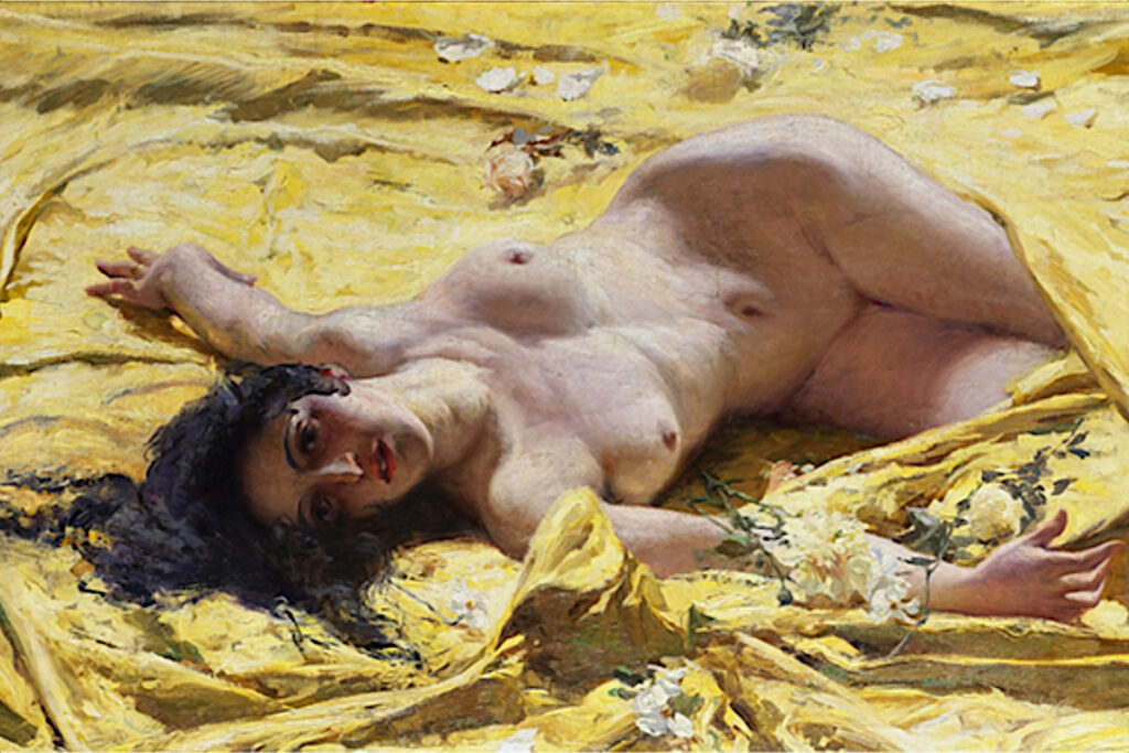 Dipinto con nudo su lenzuola gialle del 1906 circa di Antonio Rizzi