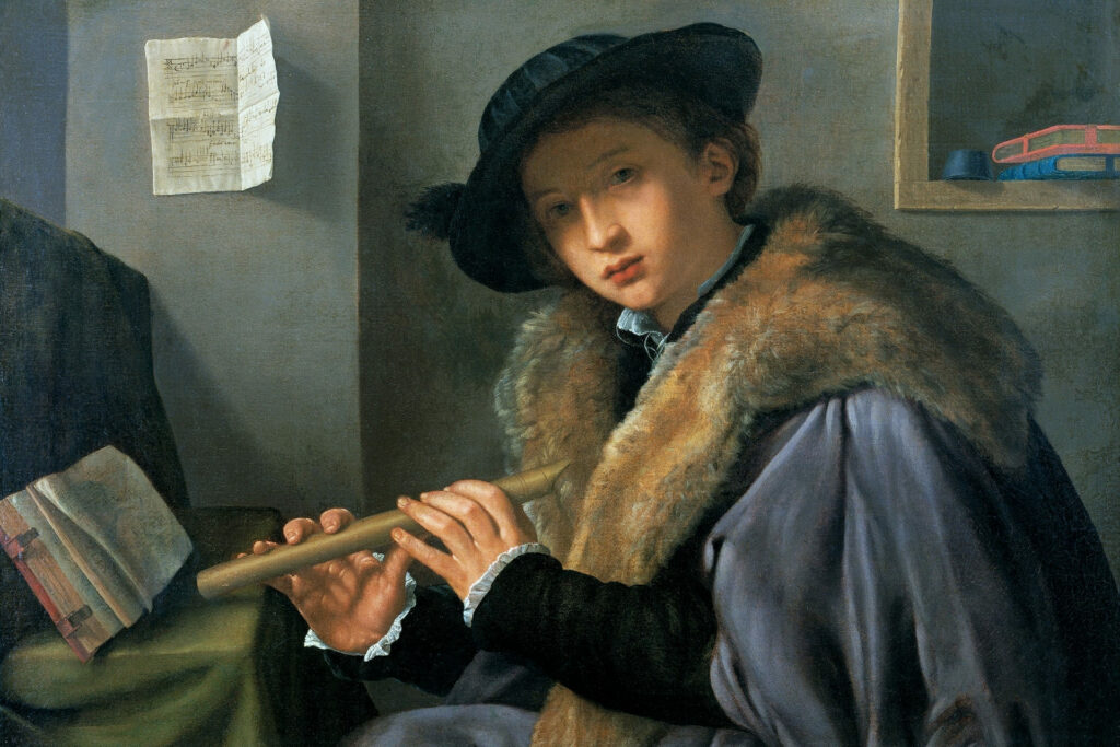 Fotografia del Ritratto di giovane flautista dipinto da Savoldo che si trova nella Pinacoteca Tosio Martinengo di Brescia