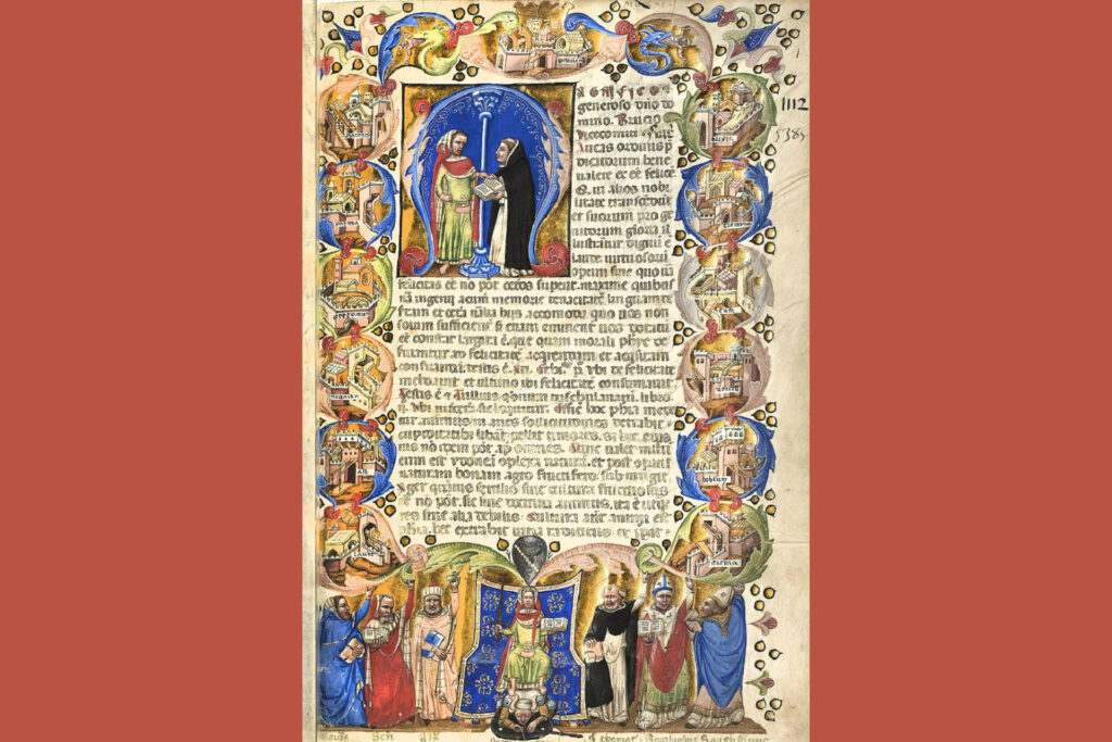 Fotografia di una pagina del Compendium moralis philosophiae, codice miniato del 1346 circa